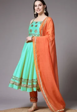 Embroidered Chanderi Cotton Anarkali Suit in Turquoise