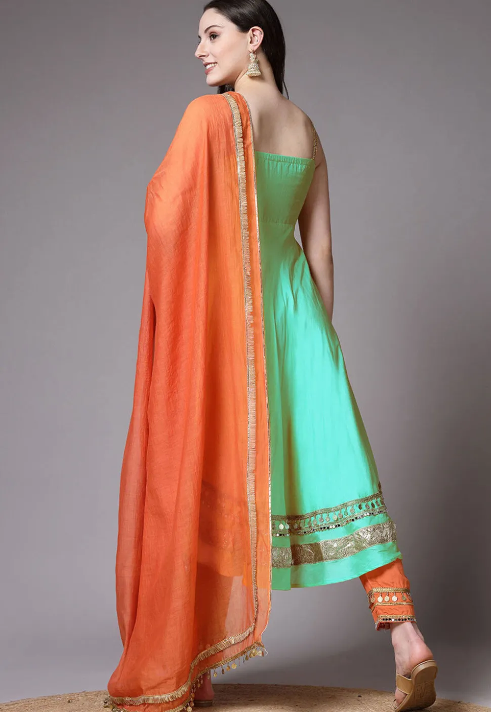 Embroidered Chanderi Cotton Anarkali Suit in Turquoise