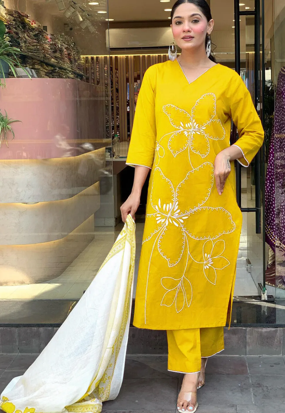 Embroidered Chanderi Cotton Pakistani Suit in Yellow