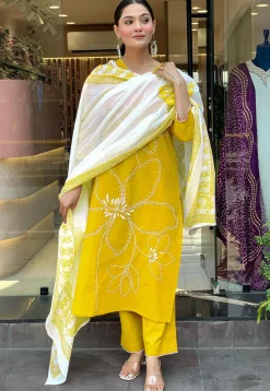 Embroidered Chanderi Cotton Pakistani Suit in Yellow