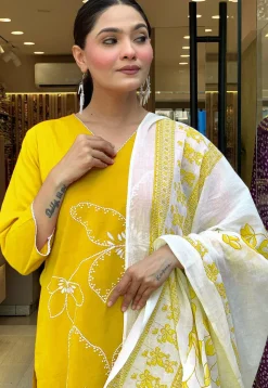 Embroidered Chanderi Cotton Pakistani Suit in Yellow