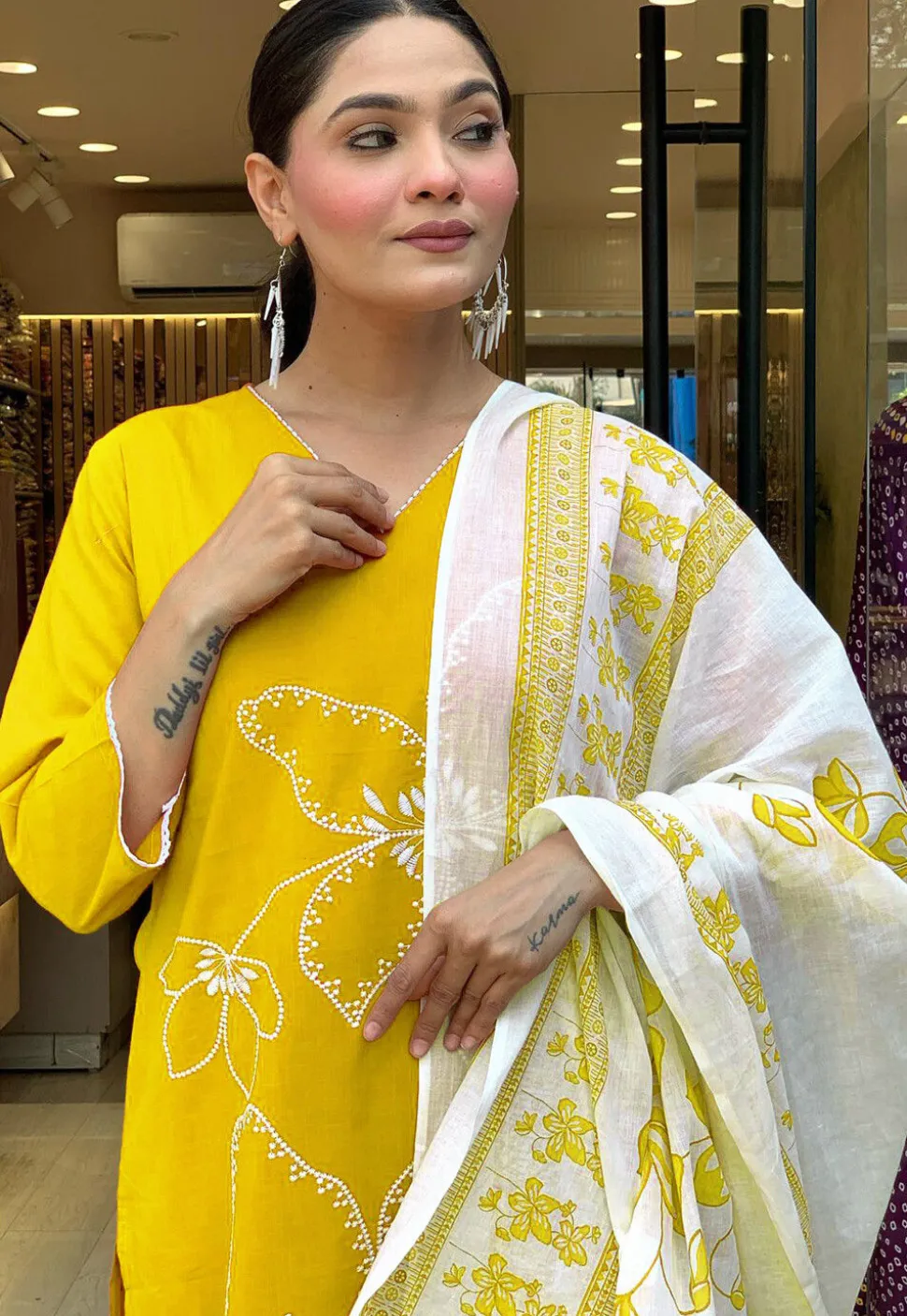 Embroidered Chanderi Cotton Pakistani Suit in Yellow