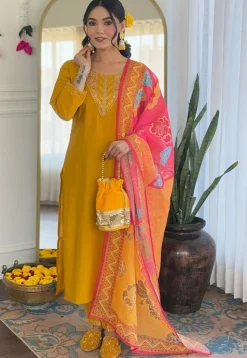 Embroidered Chanderi Cotton Pakistani Suit in Mustard