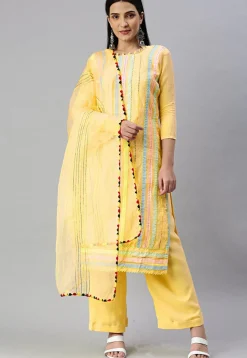 Embroidered Chanderi Cotton Pakistani Suit in Yellow