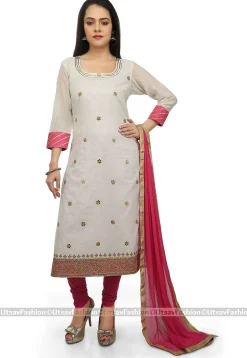 Embroidered Chanderi Cotton Straight Suit in Off White