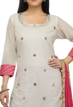 Embroidered Chanderi Cotton Straight Suit in Off White