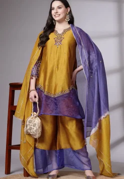 Embroidered Chanderi Cotton and Organza Pakistani Suit in Mustard