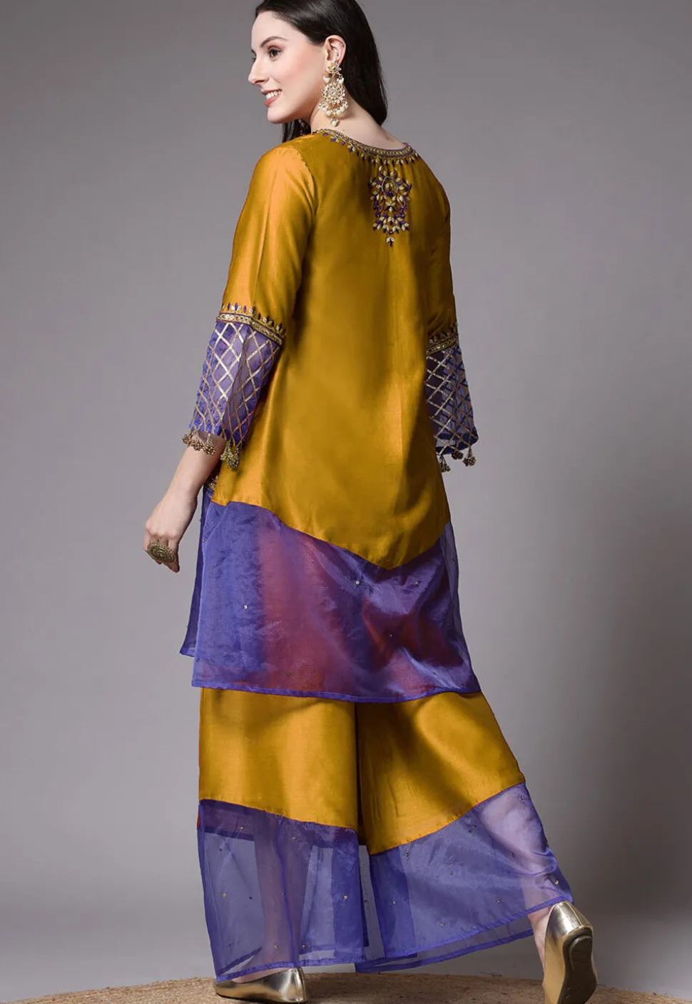 Embroidered Chanderi Cotton and Organza Pakistani Suit in Mustard