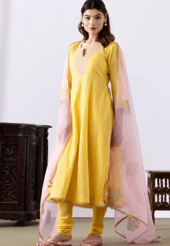 Embroidered Chanderi Cotton Anarkali Suit in Yellow
