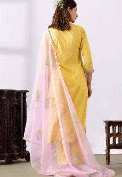 Embroidered Chanderi Cotton Anarkali Suit in Yellow