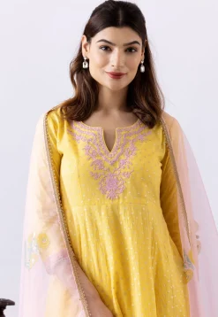 Embroidered Chanderi Cotton Anarkali Suit in Yellow