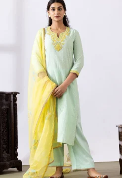 Embroidered Chanderi Cotton Pakistani Suit in Pastel Green