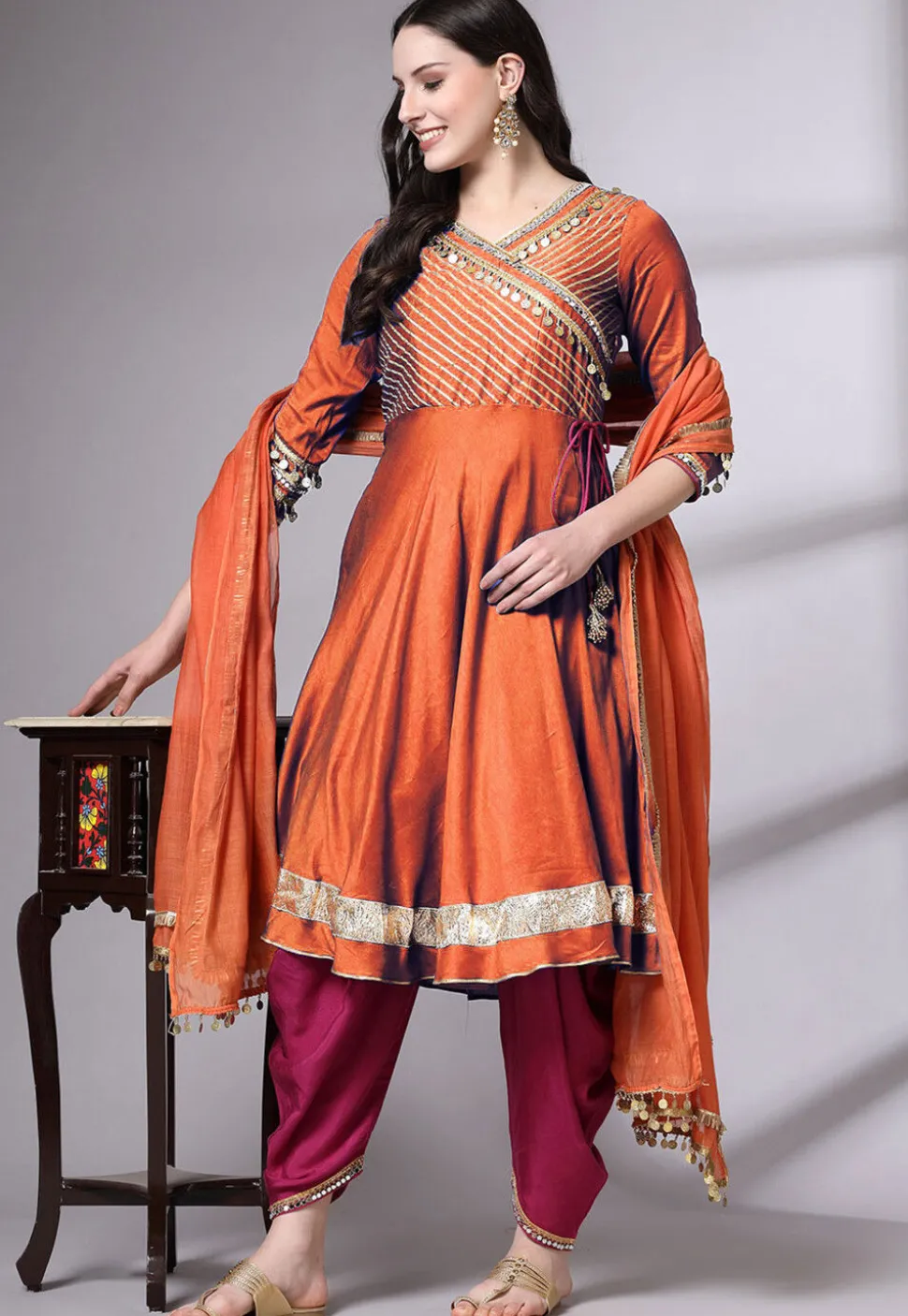 Embroidered Chanderi Cotton Aline Suit in Orange