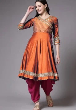 Embroidered Chanderi Cotton Aline Suit in Orange