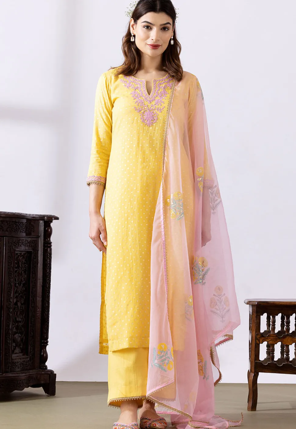 Embroidered Chanderi Cotton Pakistani Suit in Yellow