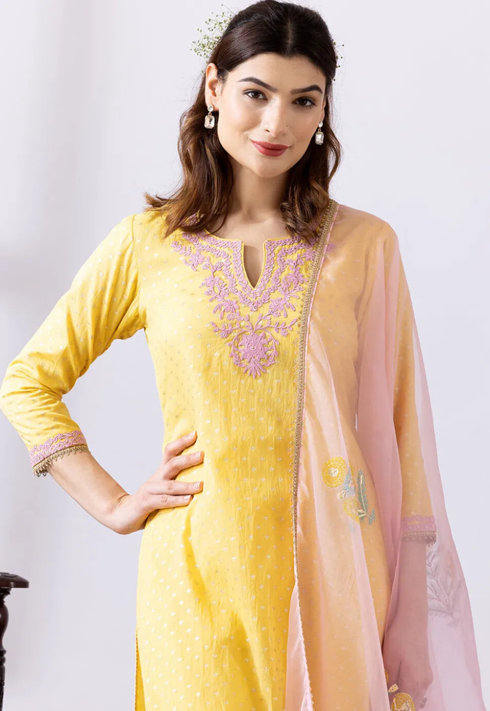 Embroidered Chanderi Cotton Pakistani Suit in Yellow
