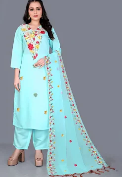 Embroidered Chanderi Cotton Pakistani Suit in Sky Blue