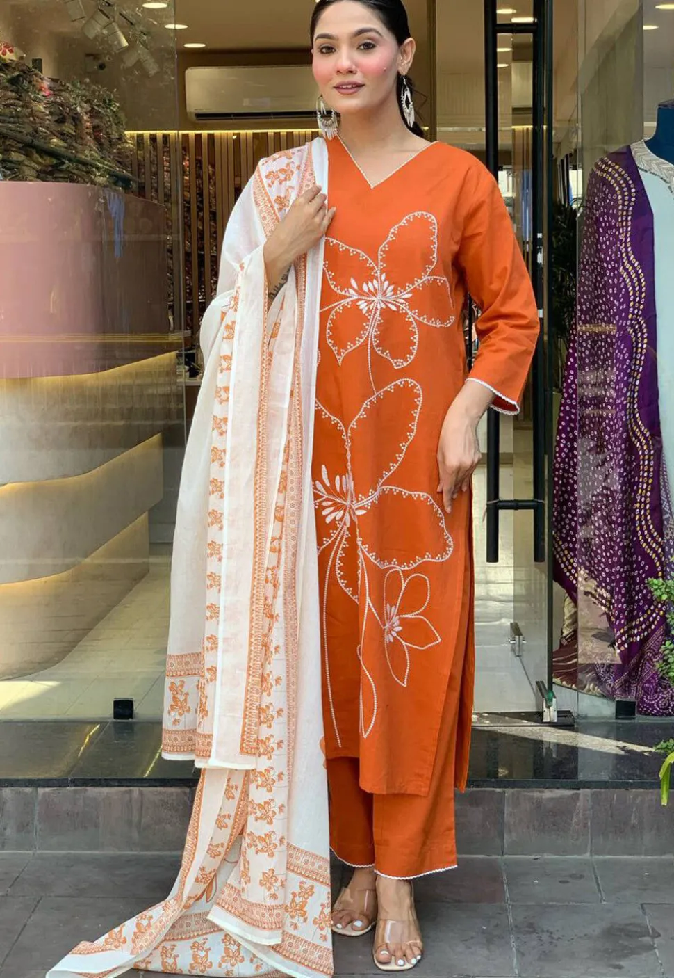 Embroidered Chanderi Cotton Pakistani Suit in Orange