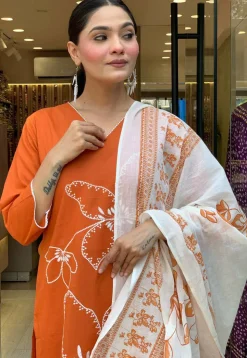Embroidered Chanderi Cotton Pakistani Suit in Orange