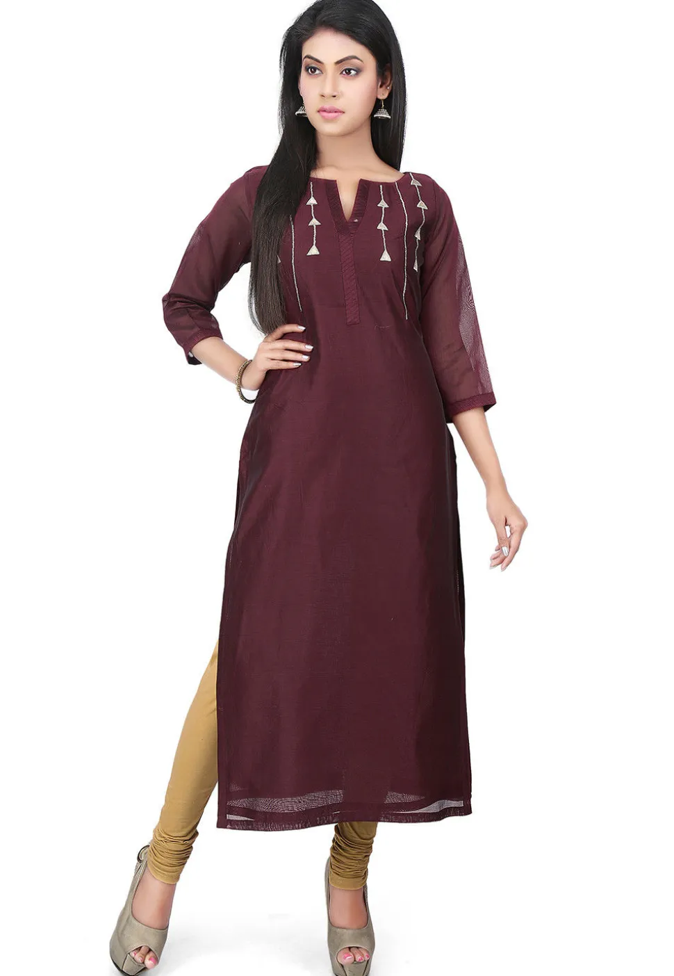 Embroidered Chanderi Cotton Long Kurta in Wine