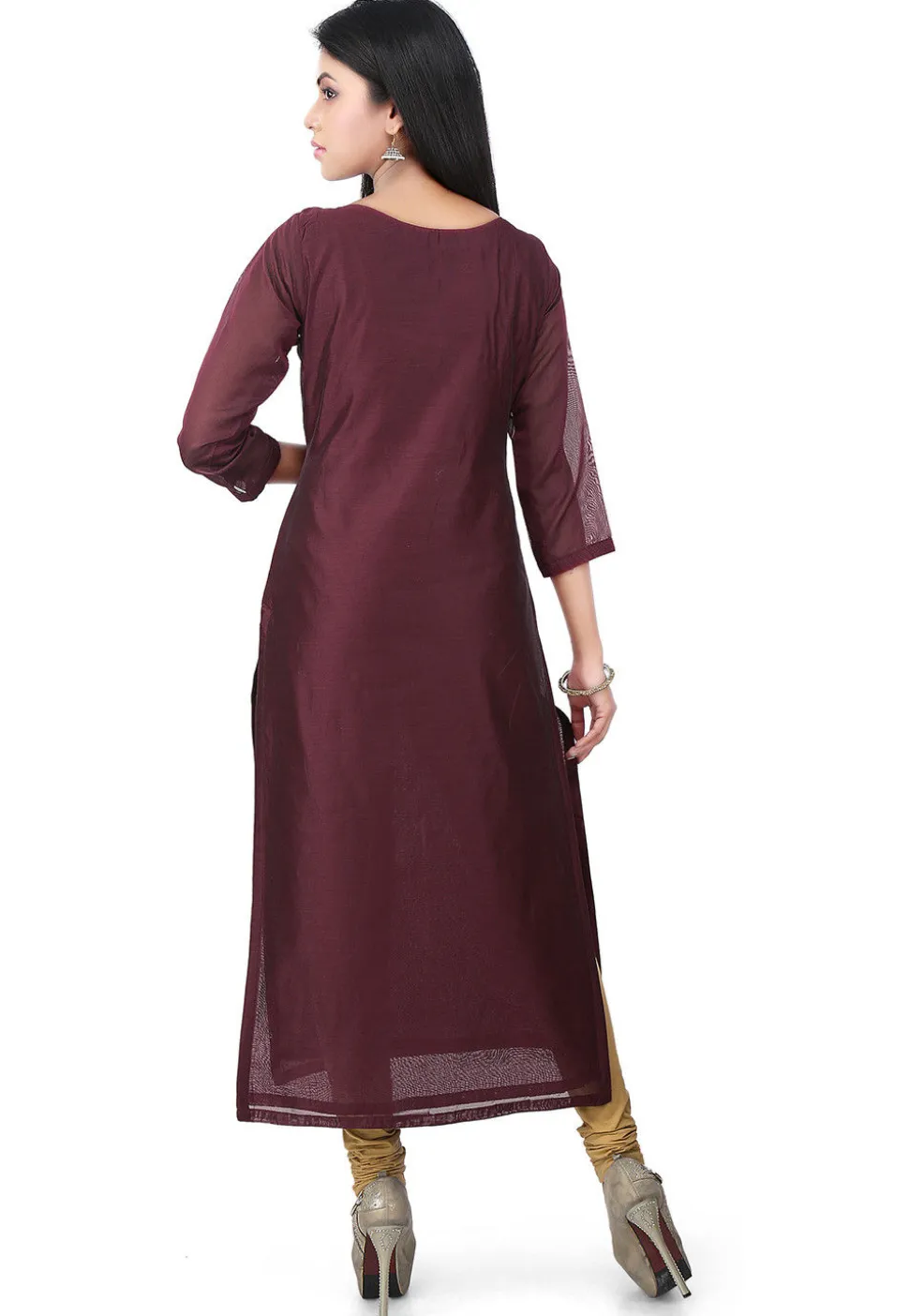 Embroidered Chanderi Cotton Long Kurta in Wine