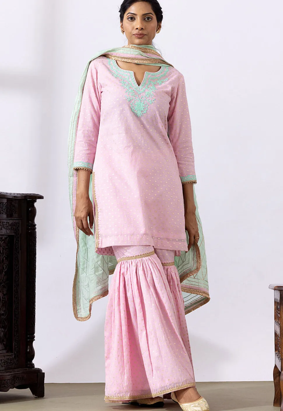 Embroidered Chanderi Cotton Pakistani Suit in Light Pink