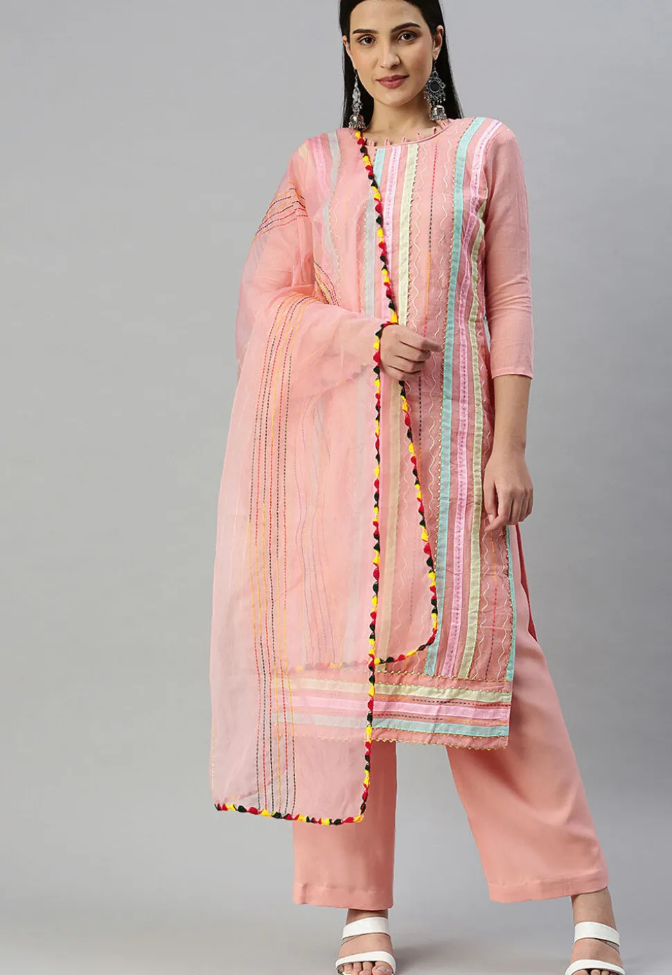 Embroidered Chanderi Cotton Pakistani Suit in Peach