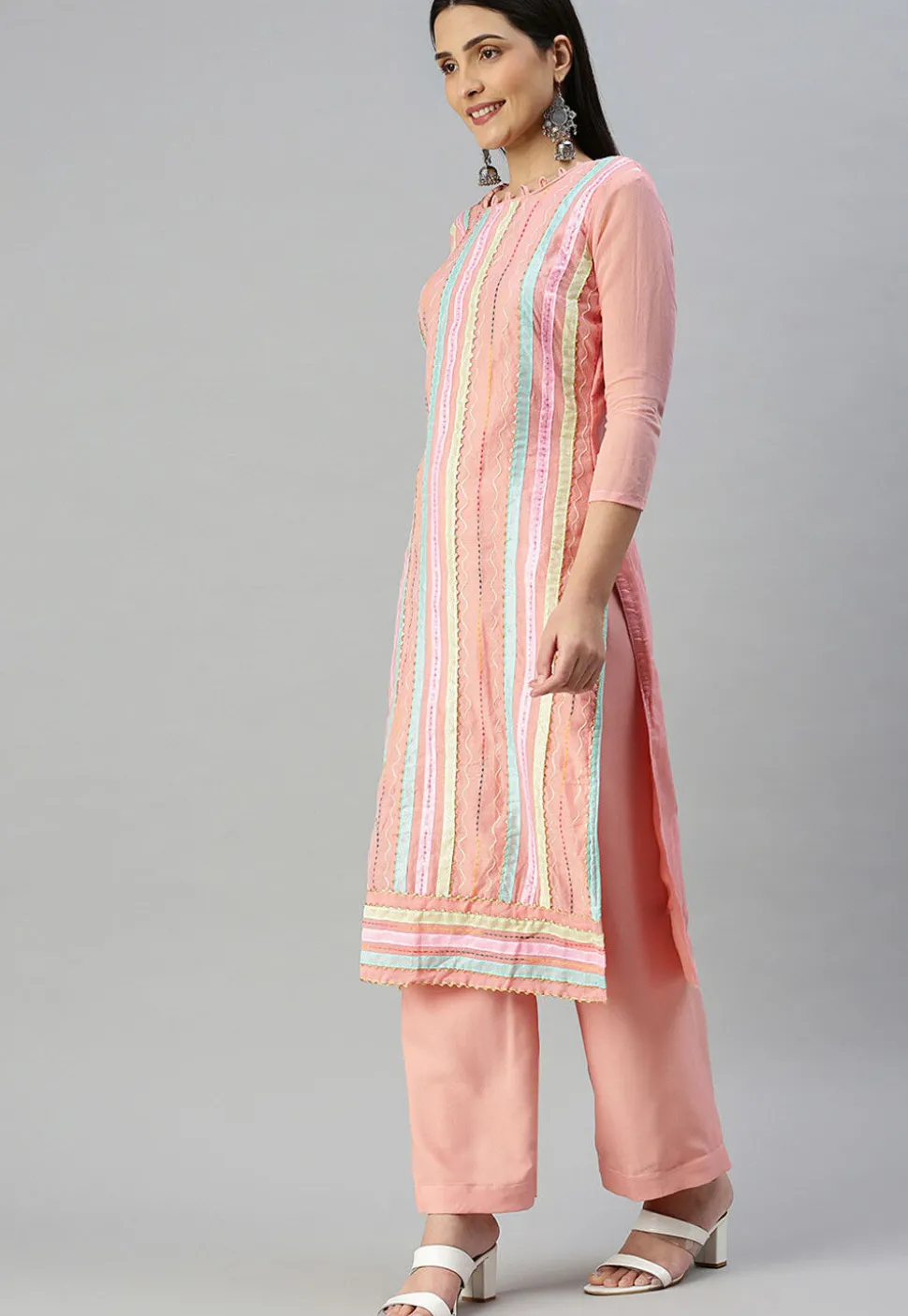 Embroidered Chanderi Cotton Pakistani Suit in Peach