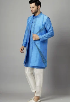 Embroidered Chanderi Cotton Kurta Set in Blue