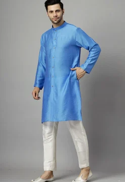 Embroidered Chanderi Cotton Kurta Set in Blue