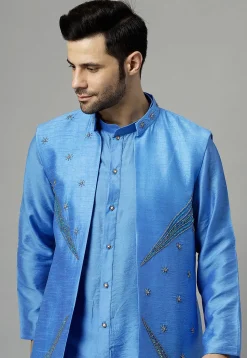 Embroidered Chanderi Cotton Kurta Set in Blue