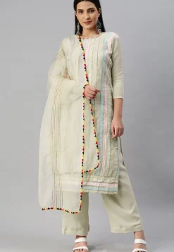 Embroidered Chanderi Cotton Pakistani Suit in Light Beige