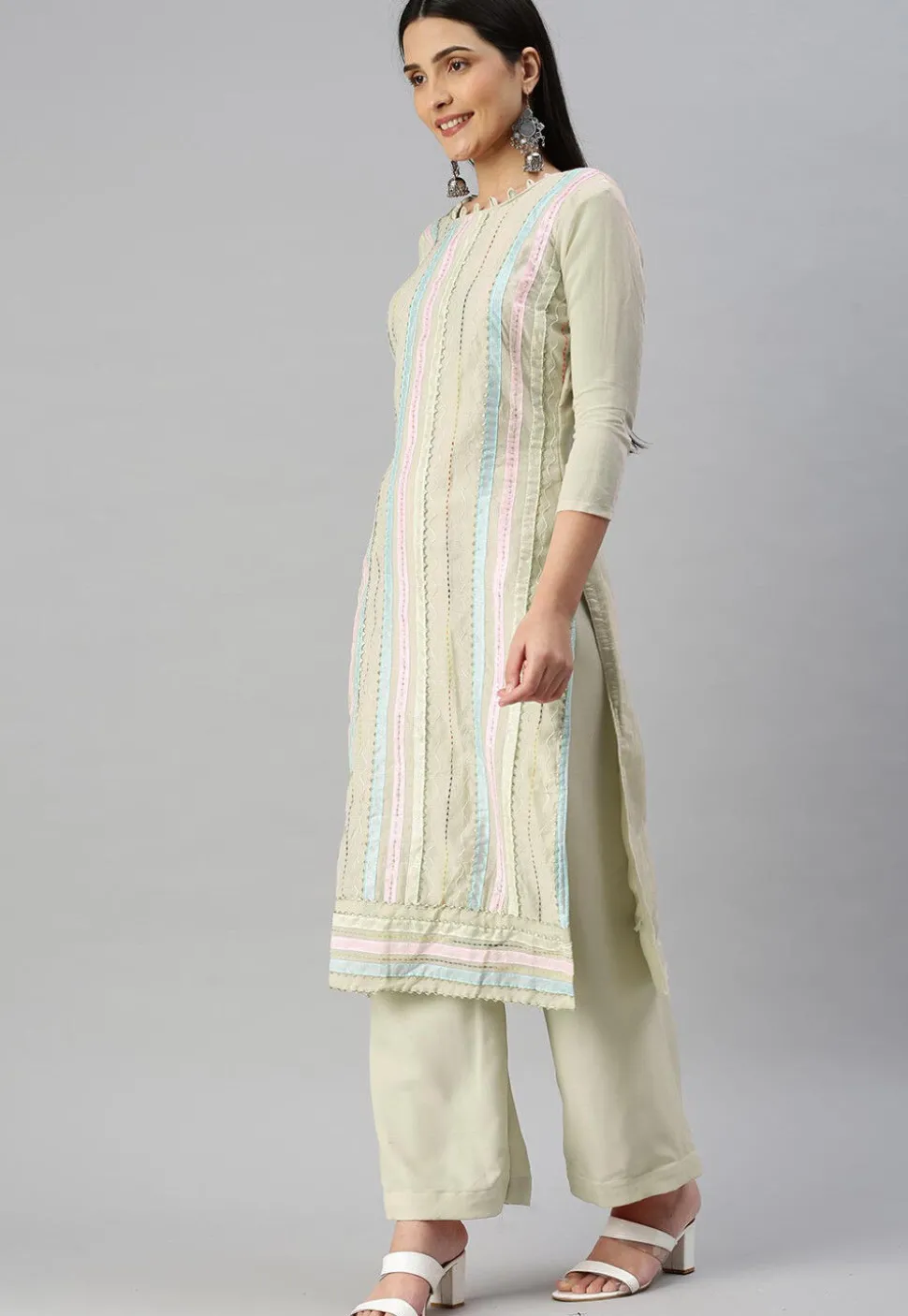 Embroidered Chanderi Cotton Pakistani Suit in Light Beige