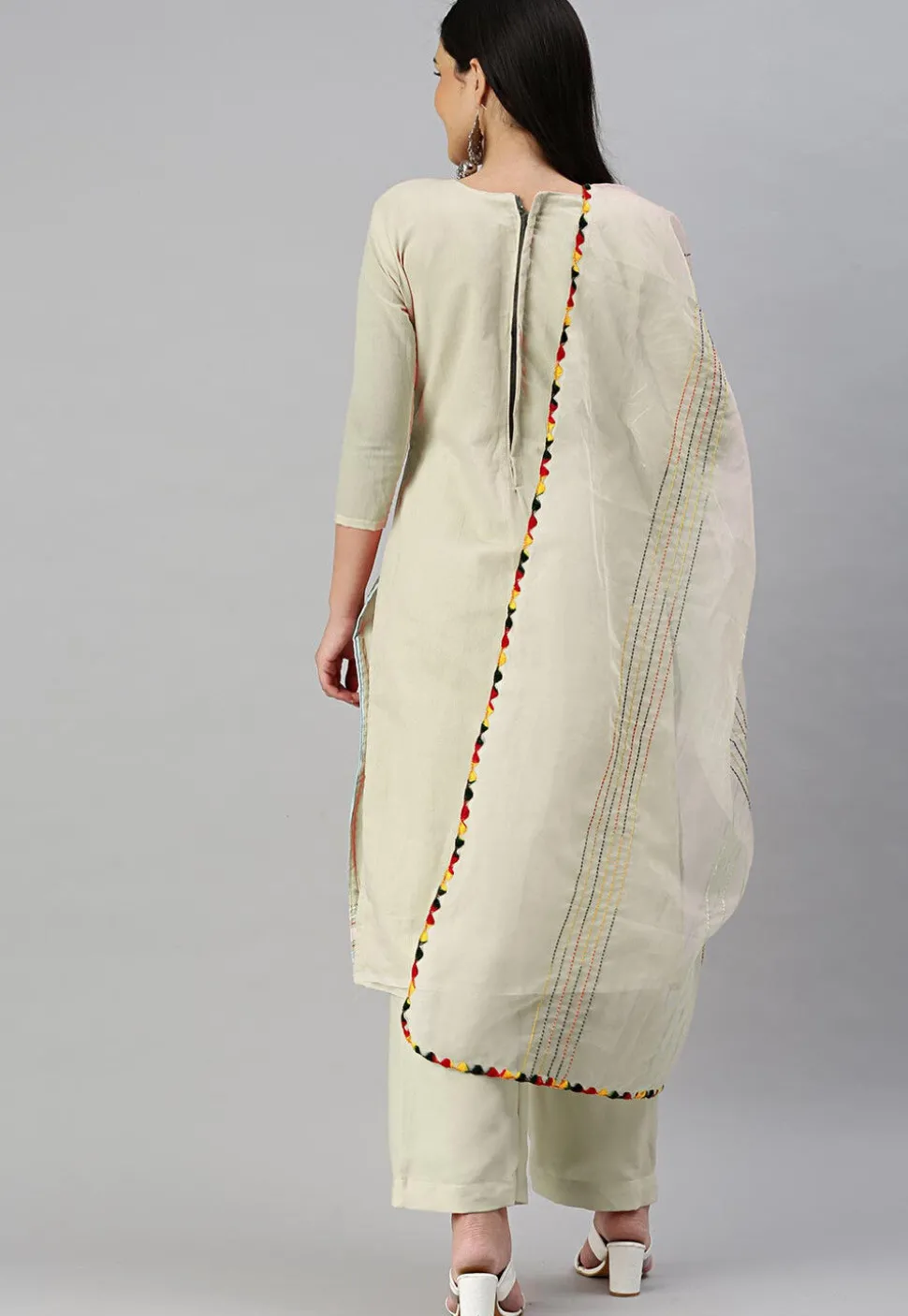 Embroidered Chanderi Cotton Pakistani Suit in Light Beige
