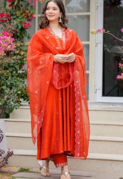 Embroidered Chanderi Cotton Pakistani Suit in Orange