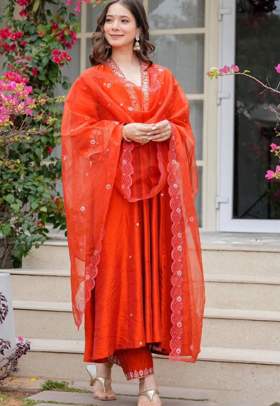 Embroidered Chanderi Cotton Pakistani Suit in Orange