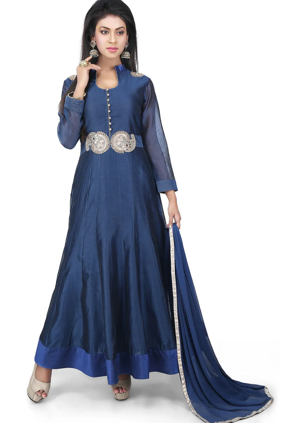 Embroidered Chanderi Cotton Anarkali Suit in Dark Blue