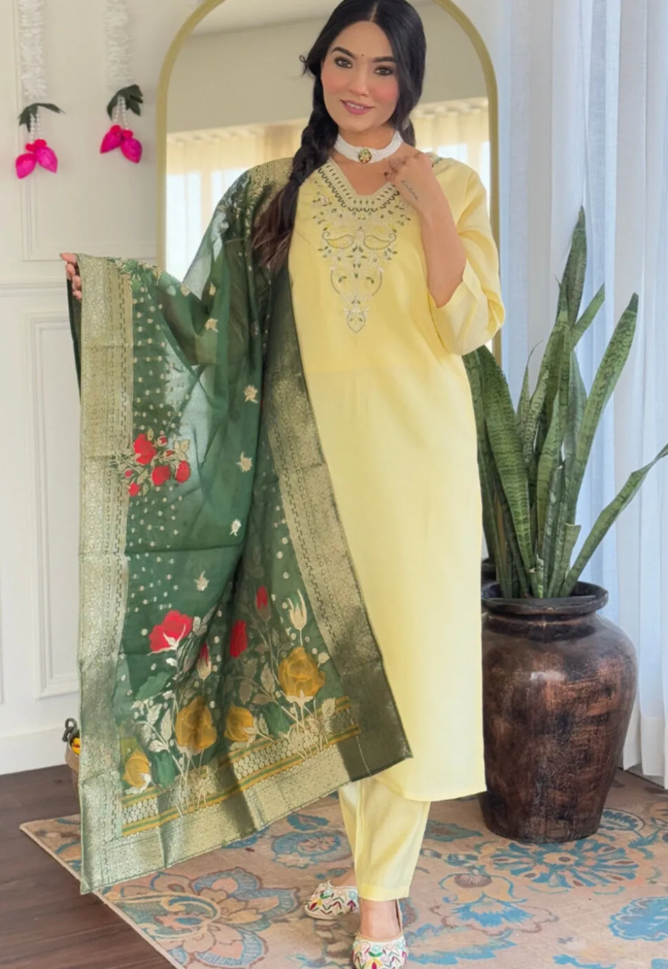 Embroidered Chanderi Cotton Pakistani Suit in Yellow