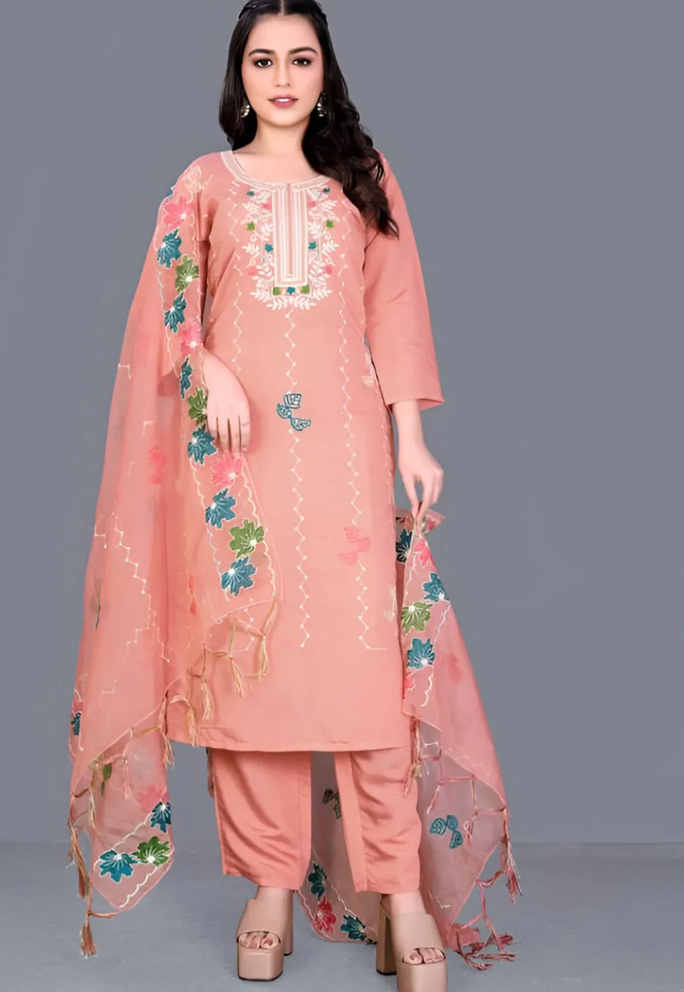 Embroidered Chanderi Cotton Pakistani Suit in Peach