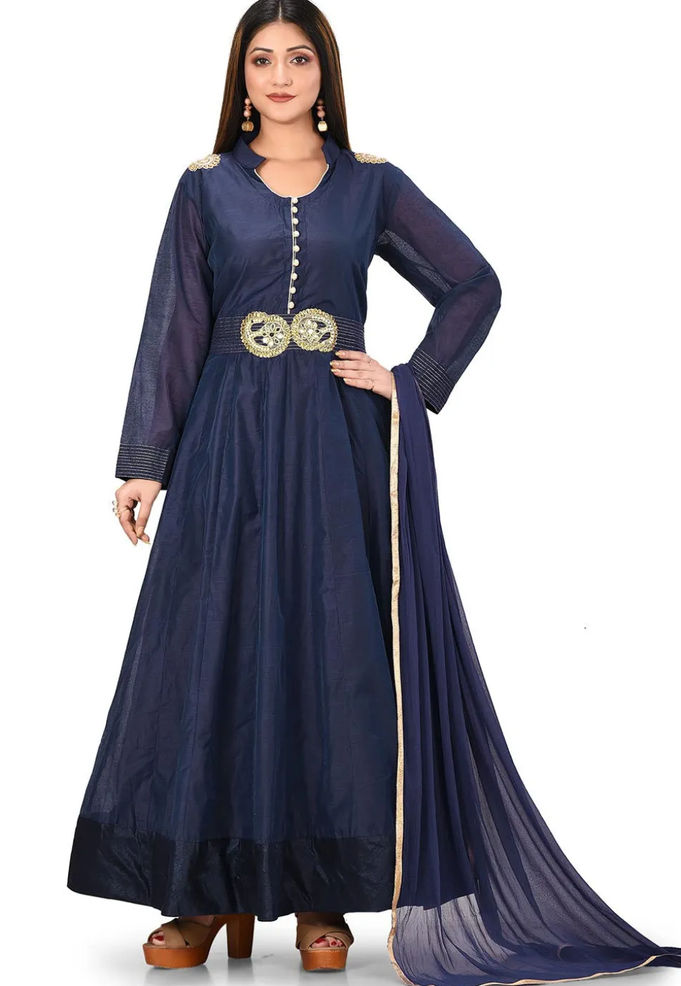 Embroidered Chanderi Cotton Abaya Style Suit in Navy Blue