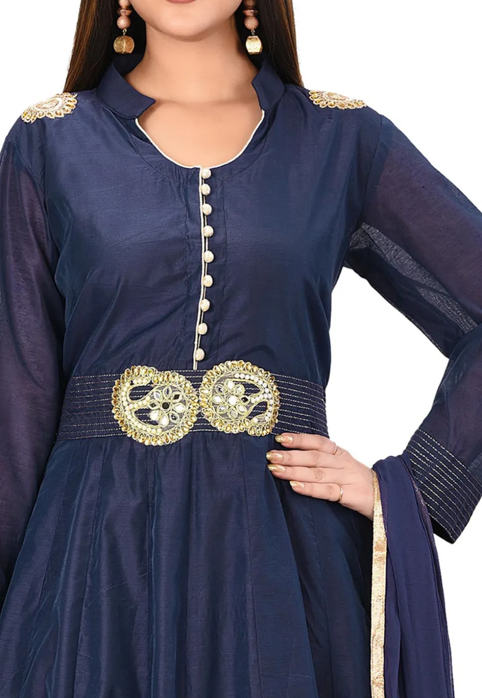 Embroidered Chanderi Cotton Abaya Style Suit in Navy Blue