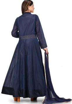 Embroidered Chanderi Cotton Abaya Style Suit in Navy Blue