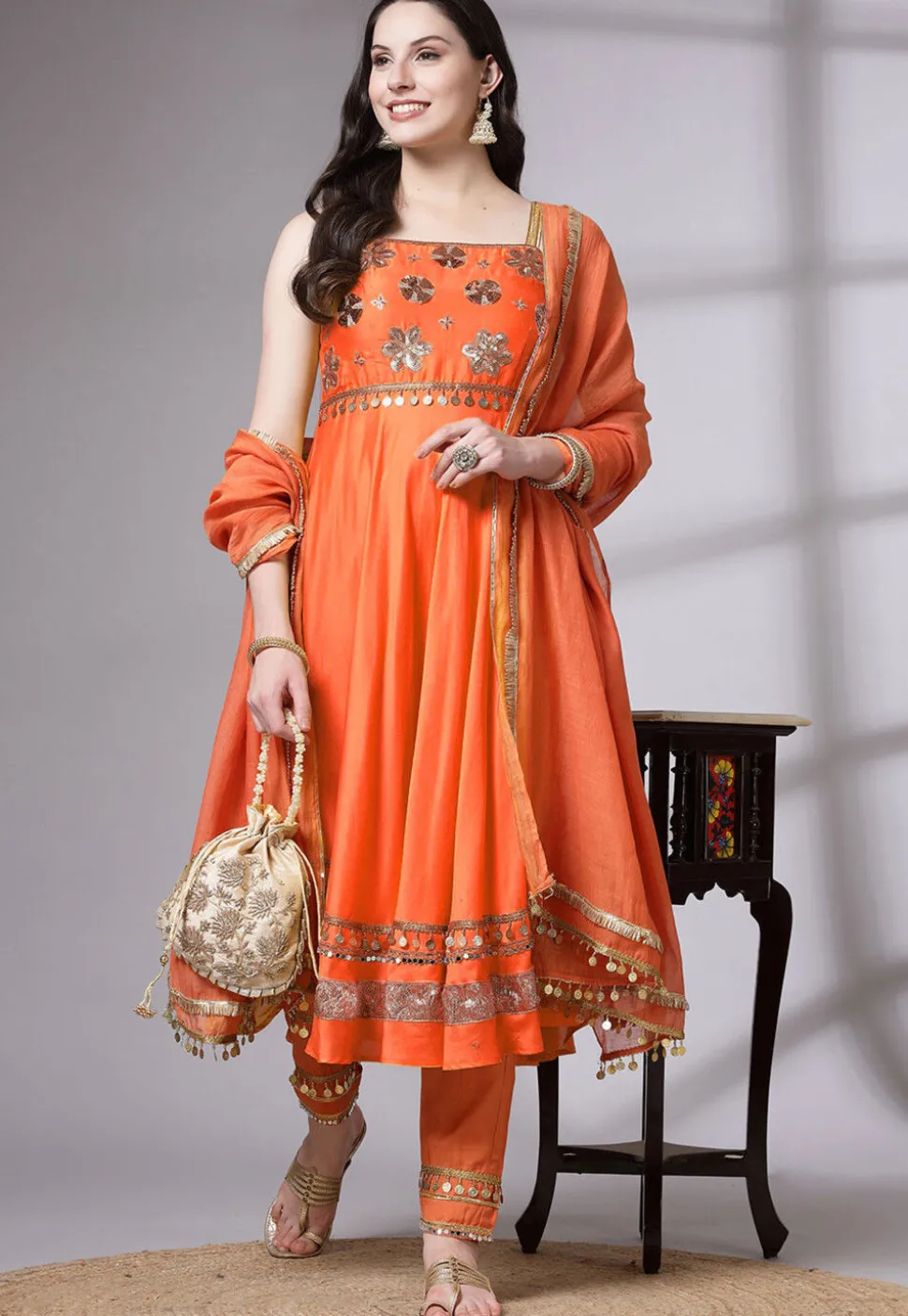 Embroidered Chanderi Cotton Anarkali Suit in Orange