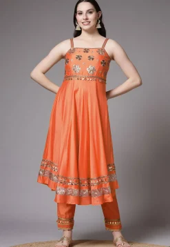 Embroidered Chanderi Cotton Anarkali Suit in Orange