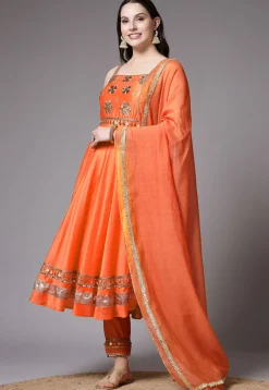 Embroidered Chanderi Cotton Anarkali Suit in Orange