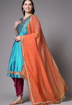 Embroidered Chanderi Cotton Aline Suit in Sky Blue