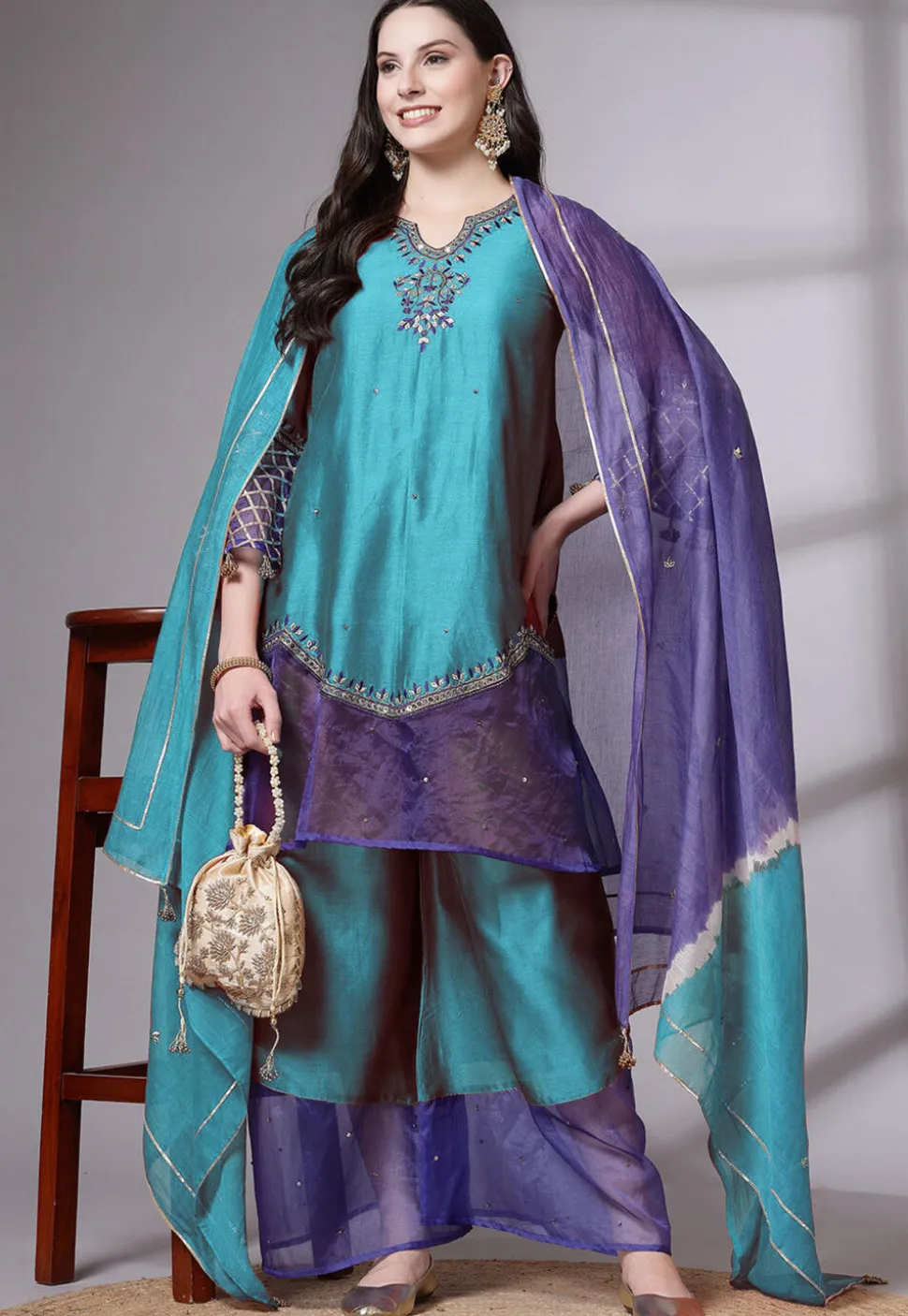 Embroidered Chanderi Cotton and Organza Pakistani Suit in Sky Blue