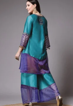 Embroidered Chanderi Cotton and Organza Pakistani Suit in Sky Blue