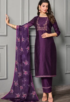 Embroidered Chanderi Cotton Pakistani Suit in Dark Purple