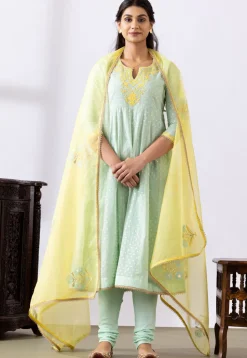 Embroidered Chanderi Cotton Anarkali Suit in Pastel Green